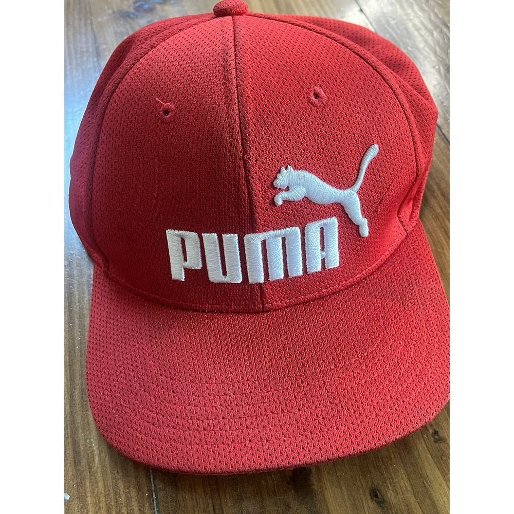 Puma Red Mesh Stretch Fit Baseball Hat Mens‎ S/M White Embroidered Logo Cap
